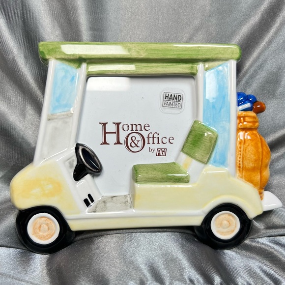 Home & Offce by Figi Other - 4" Golf Cart Picture Frame 3 x 3 in Photo Hand Painted Ceramic Birthday Holidays